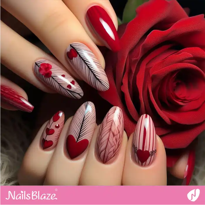 Valentine's Day Hearts on Feather Pattern Nails | Valentine Nails - NB2703
